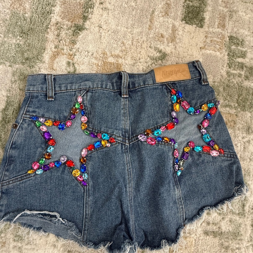 Nasty Gal Blue Jean Shorts with Multicolor Star Embellishments